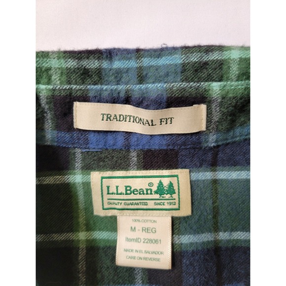 LL Bean Mens Flannel Shirt M Reg Traditional Fit Plaid Green Blue Button Up - Picture 6 of 7